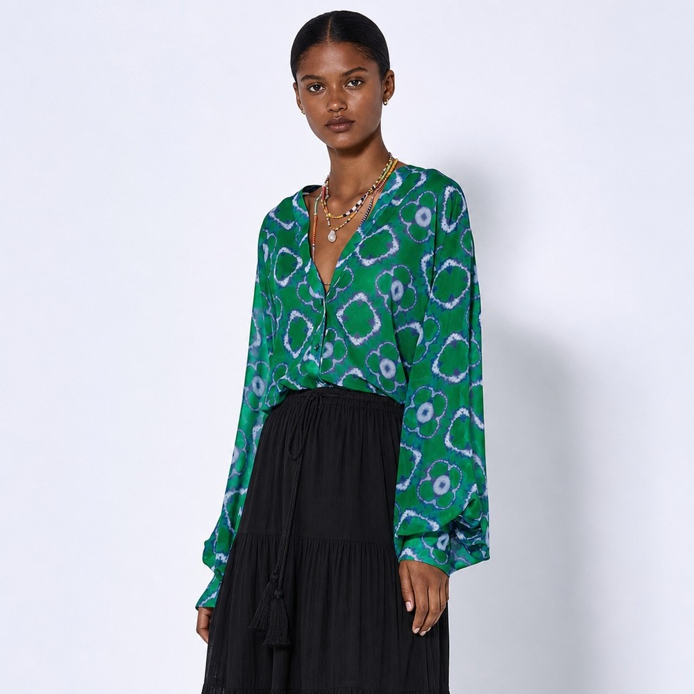Alexis Hansen Blouse Women S Green Tie-Dye Shibori Chiffon Sheer Blouson Sleeve